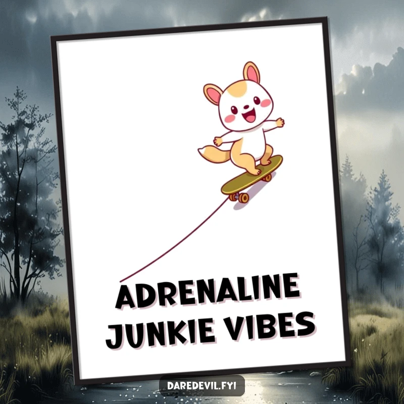 Funny Skater Animal Poster showcasing a happy character in mid-zoom down a steep skateboard ramp, capturing thrilling motion.