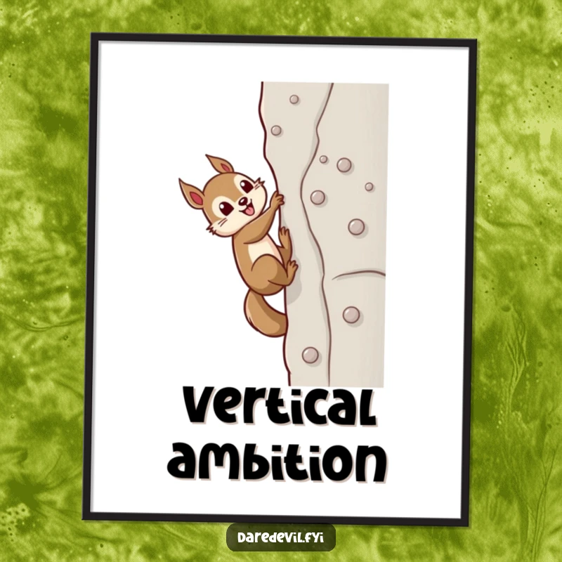 Funny determined squirrel using miniature suction cups to conquer a daunting sheer wall, creating inspiring and humorous poster art.