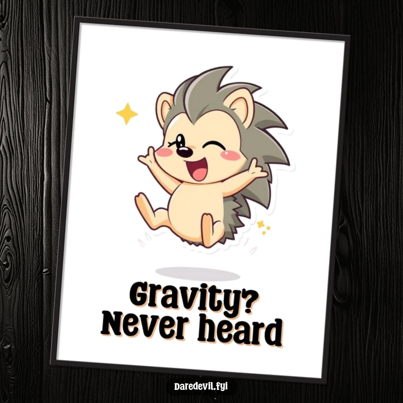 Funny hedgehog performing an energetic somersault, captured in vibrant detail on a high-quality poster for humorous wall art.