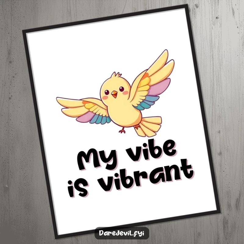 Funny rainbow bird poster: a bird soaring gracefully with enormous, vibrant rainbow wings, a whimsical artwork.