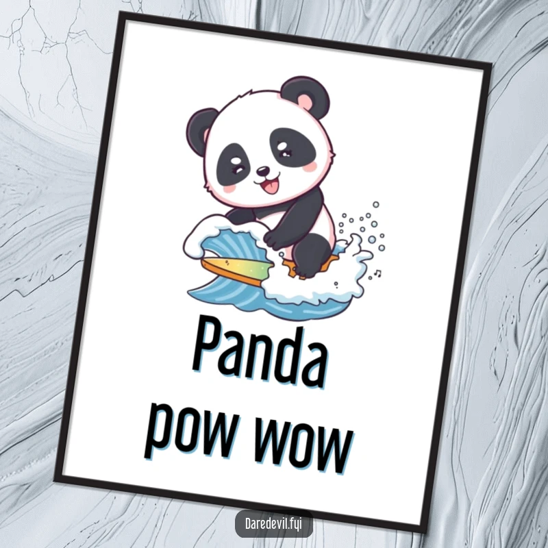 Funny Poster showing a smiling panda attempting to surf a tiny, crashing wave, perfect for whimsical and humorous ocean-themed decor.