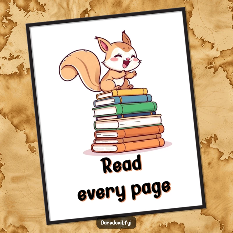 Funny poster print of a giggling squirrel character rapidly climbing a tall stack of books, adding playful literary charm to any room.