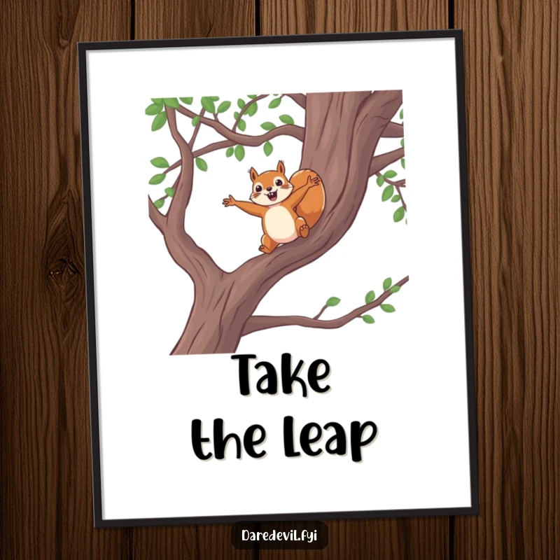 Funny squirrel leap poster, brave squirrel jumping from high tree branch, bold wall decor, humorous and adventurous art print gift.