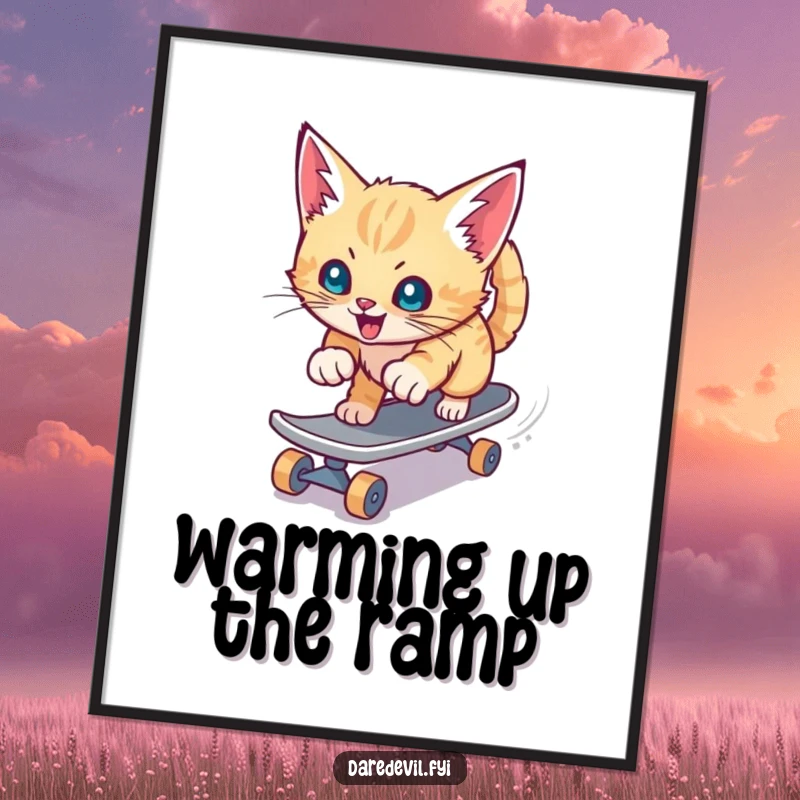 Funny poster art of a playful kitten aggressively skateboarding down a slide at top speed, full of action and attitude.