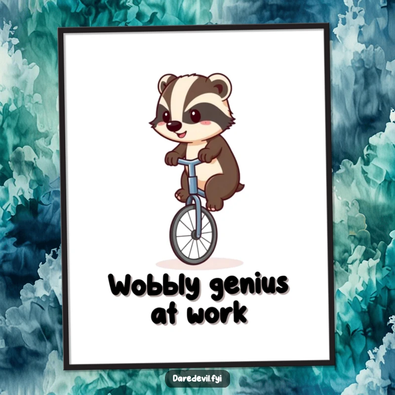 Funny badger in mid-unicycle ride, a look of intense concentration and slight panic, conveying humor and determination, perfect wall art.