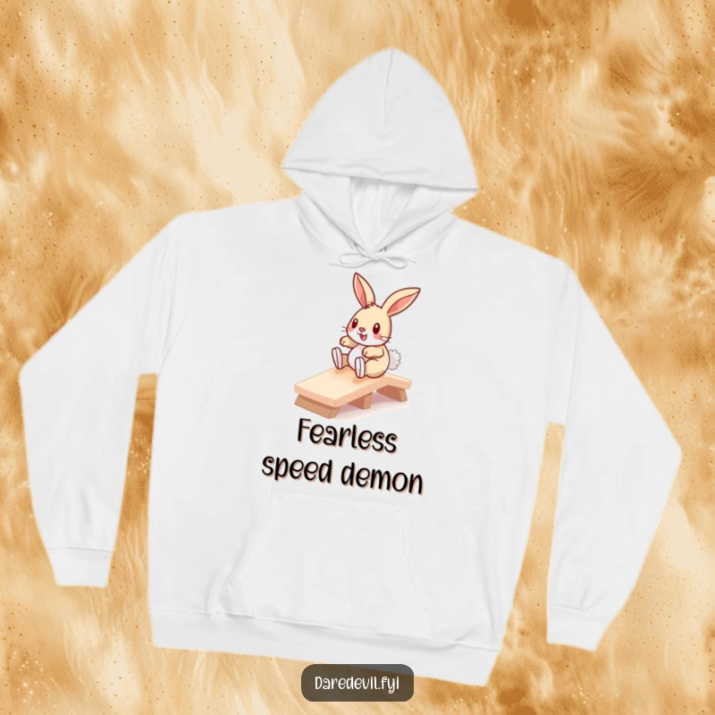 Funny bunny fearlessly sliding down a small ramp, depicted on a soft, warm hoodie, perfect for cozy, humorous wear.