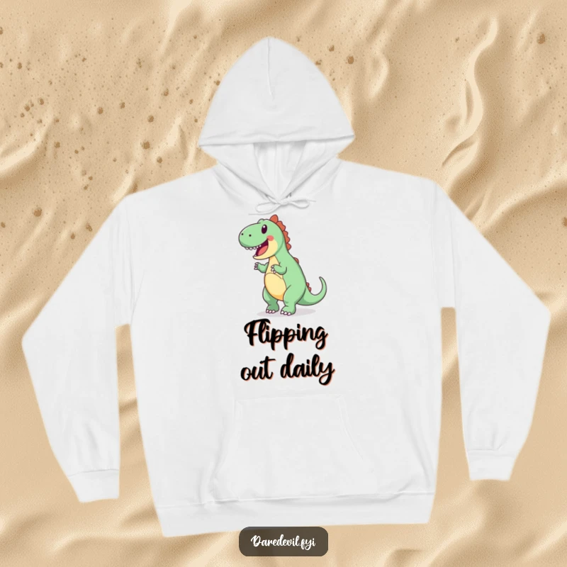 Funny hoodie illustration of a joyful dinosaur attempting a backward somersault, perfect for cozy, humorous wear.