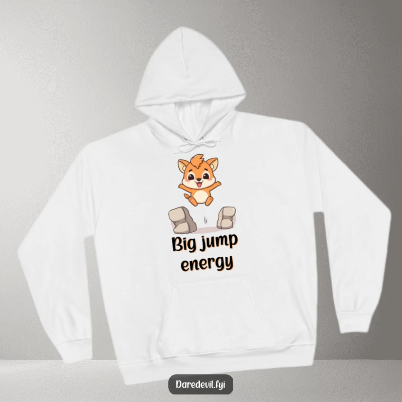 Funny Hoodie illustrating a brave animal character confidently leaping over a gap, showcasing determination and a slight smirk.