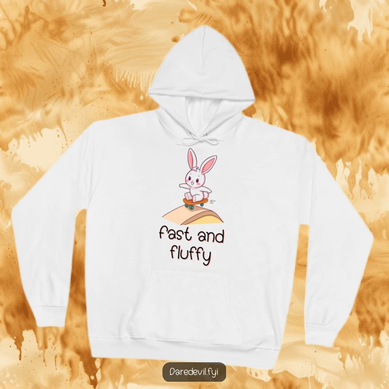 Funny happy bunny character in a dynamic pose, speeding down a ramp on a miniature skateboard, conveying joy and extreme sports fun for a hoodie.