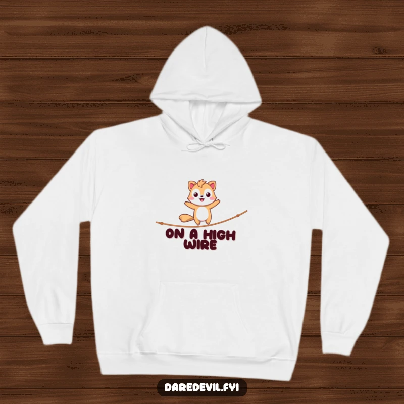 Funny Cozy Hoodie featuring a daring animal character happily balancing on a tightrope, a perfect warm funny gift.