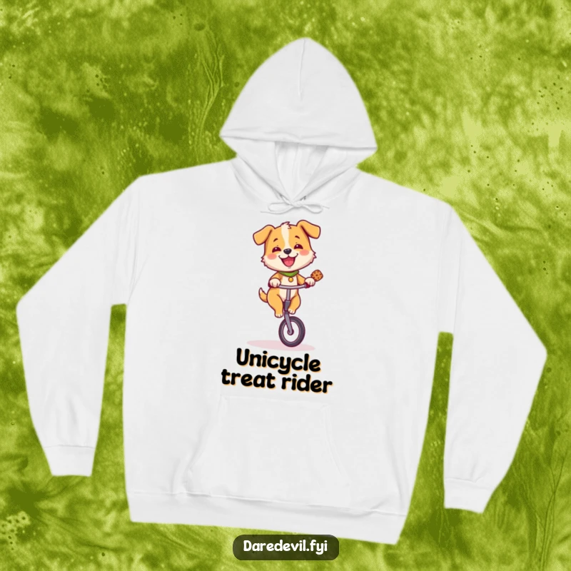 Funny dog balancing on a unicycle with a treat, cozy hoodie design for pet lovers who enjoy a laugh.