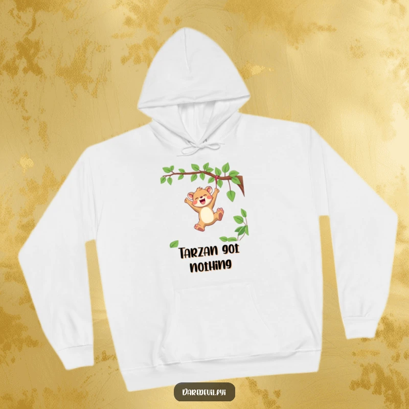 Funny Hoodie illustrating a joyful animal character swinging energetically from a vine, embodying a spirit of pure freedom and joy.