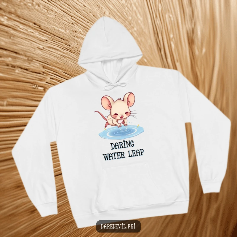 Funny mouse character making a daring dive into a puddle, printed on a comfortable, warm hoodie.