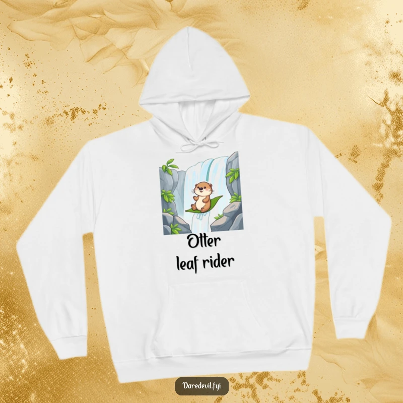 Funny otter sliding down a waterfall on a leaf, cozy hoodie design for those who love aquatic adventures.