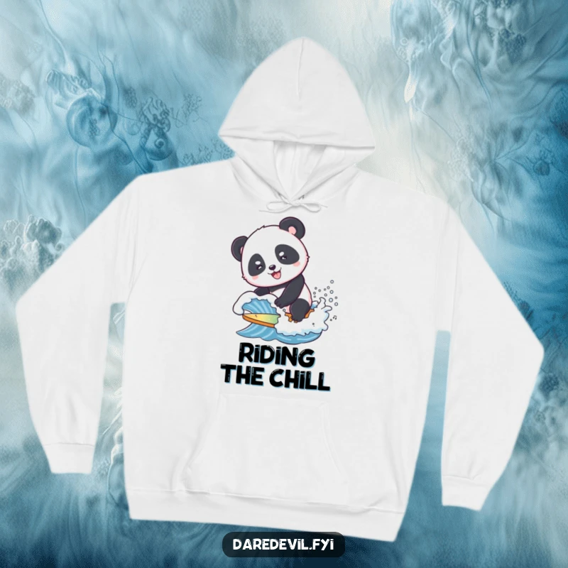 Funny Hoodie featuring a smiling panda attempting to surf a tiny, crashing wave, combining warmth with humorous beachy vibes.