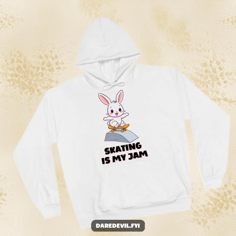 Funny rabbit hoodie, depicting a bunny skateboarding down a ramp, offering warmth and skater style.