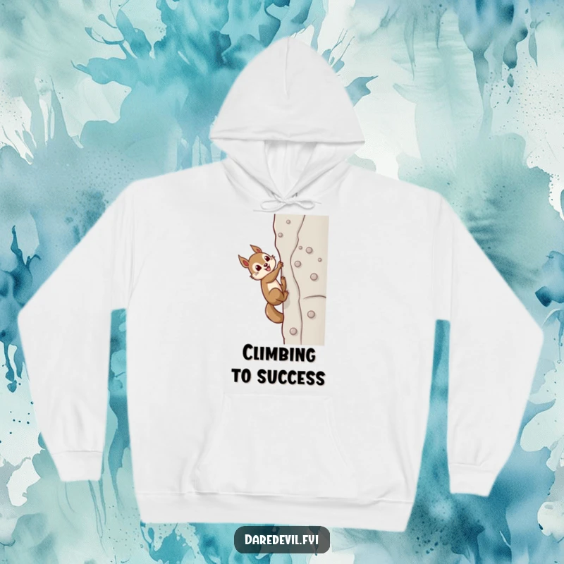 Funny squirrel character with intense focus, gripping tiny suction cups to climb a sheer vertical wall, inspiring a humorous hoodie design.