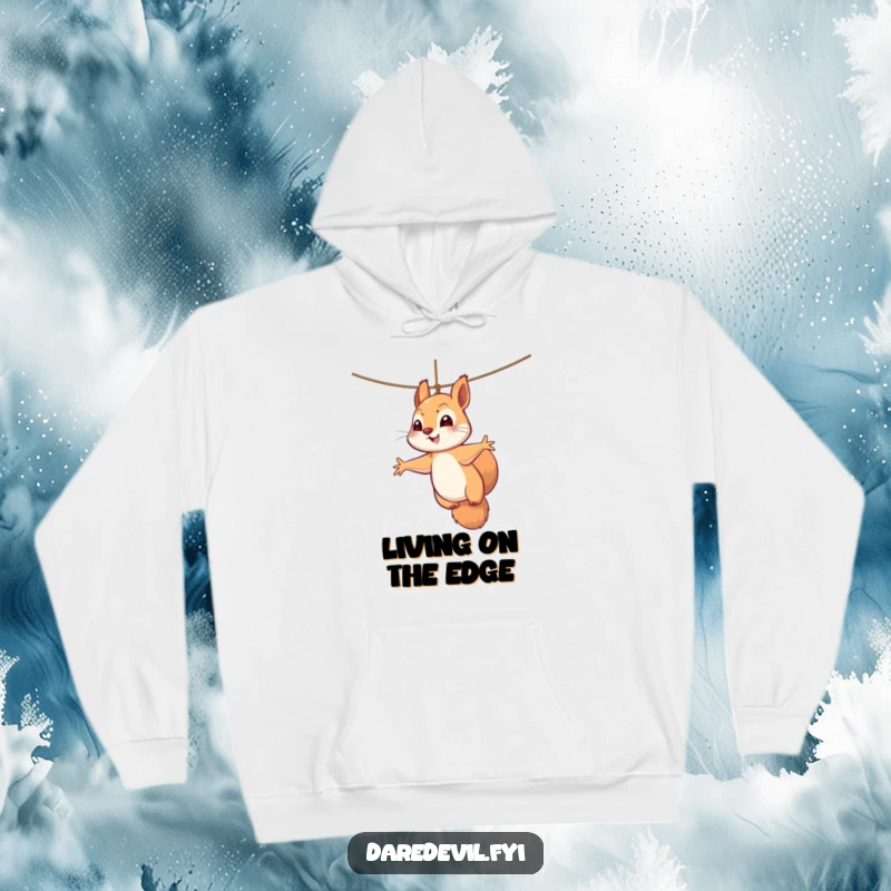 Funny squirrel hoodie depicting a perky squirrel dangling by a thread, paws flailing in a comical, stress-inducing pose.