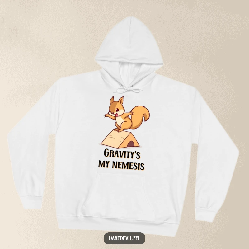 Funny squirrel hoodie illustrating a playful squirrel executing a daring flip off a mini ramp, blending extreme sports and humor.