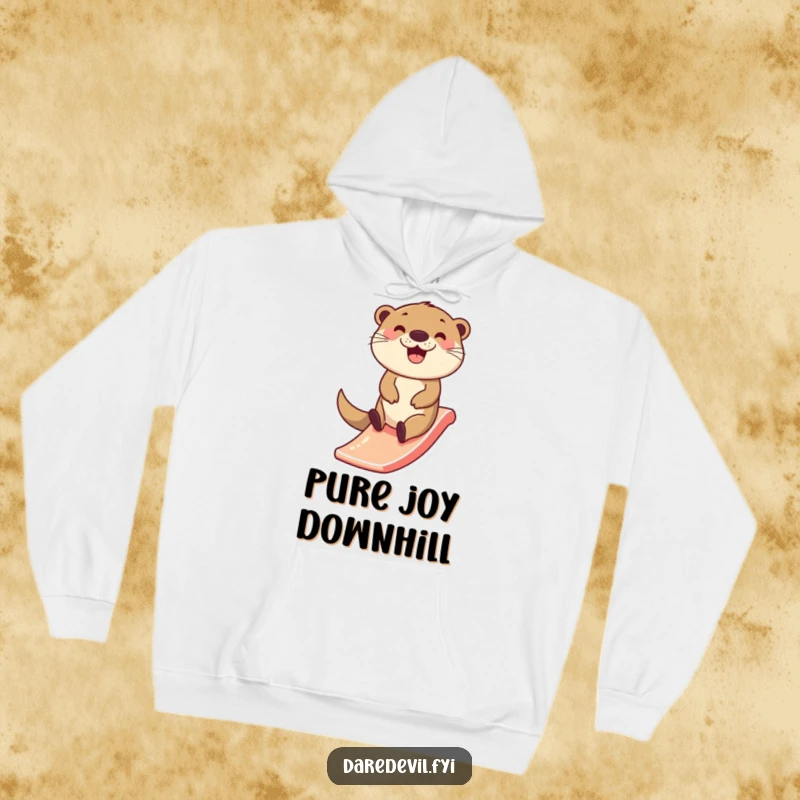 Funny Otter Hoodie: A happy otter character zips down a tiny slide with a wide smile, offering cozy comfort with pure cheer.