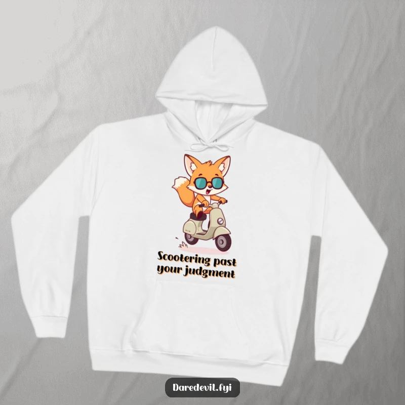 Funny Hoodie: A mischievous fox character leaps dramatically over a small gap on a scooter, offering warmth and daring humor.