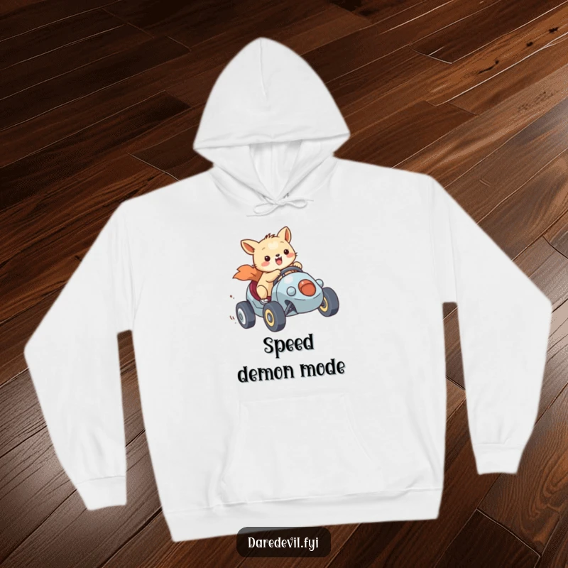 Funny Cozy Hoodie featuring a happy animal character racing a tiny vehicle with enthusiasm, a perfect warm funny gift.