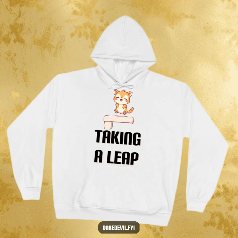 Funny Hoodie with a giggling animal character executing a playful leap from a small ledge, radiating pure happiness.