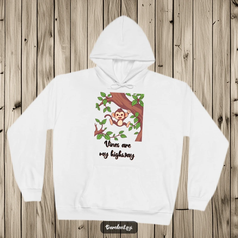 Funny monkey hoodie showing a lively monkey character energetically swinging through dense green vines at extreme speed.