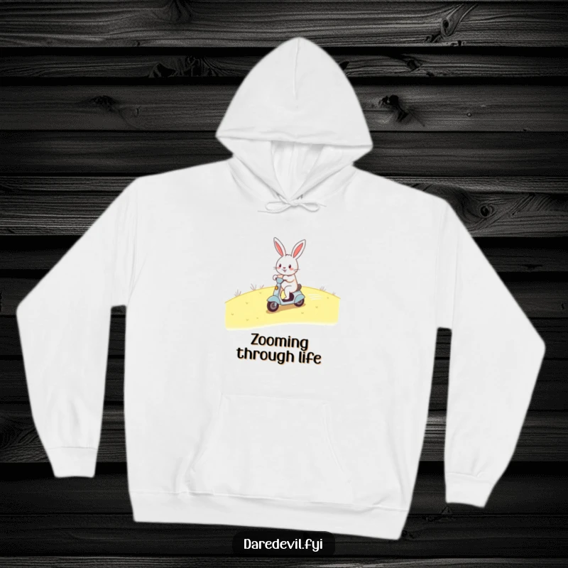 Funny rabbit scooter hoodie, cheerful rabbit zooming on scooter, cozy, playful, humorous art apparel, perfect gift for speed lovers.