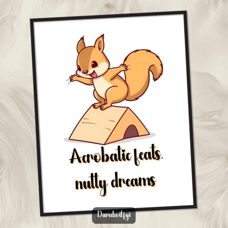 Funny Free Printable Wall Art: A squirrel executes a daring flip off a mini ramp, bringing dynamic humor to any room.