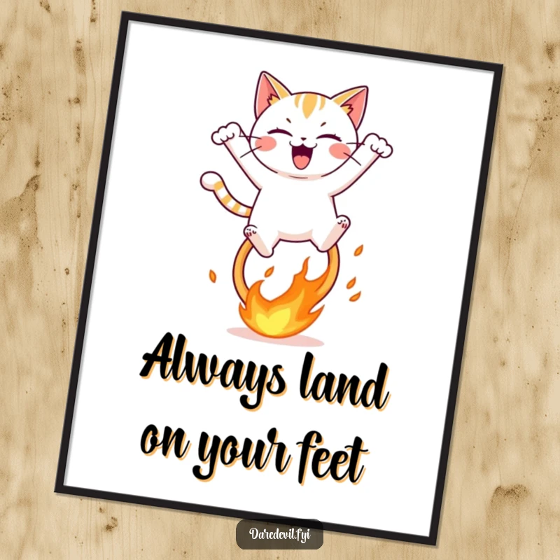 Funny Free Printable Wall Art: A gleeful, mischievous cat leaps courageously over a bright, fiery hoop with wild abandon.