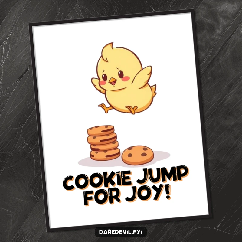 Funny Free Printable Wall Art: A determined chick in mid-air, bravely jumping over a stack of cookies. Motivational and cute.