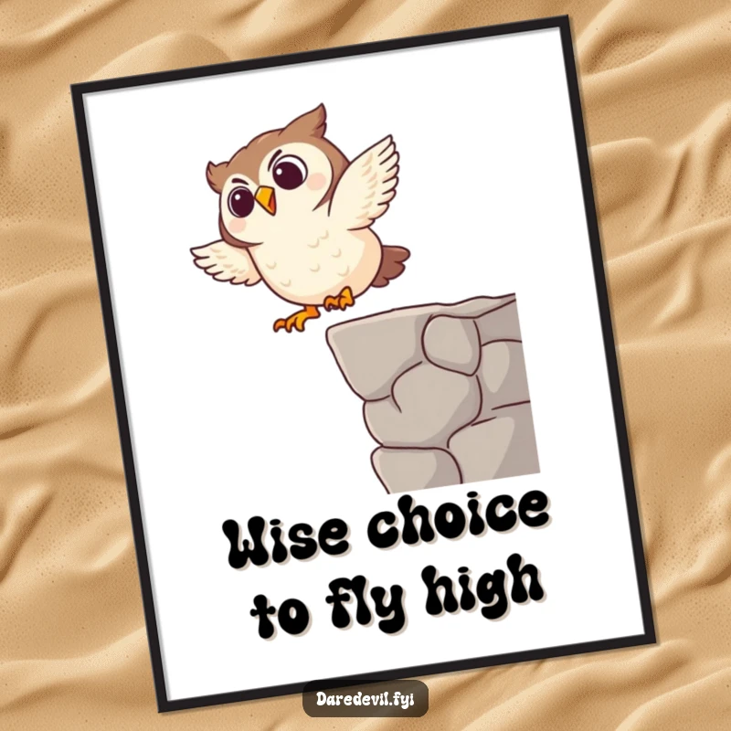 Funny Free Printable Wall Art: A giggling owl character captured mid-air during a daring dive from a small ledge, adding humor to decor.