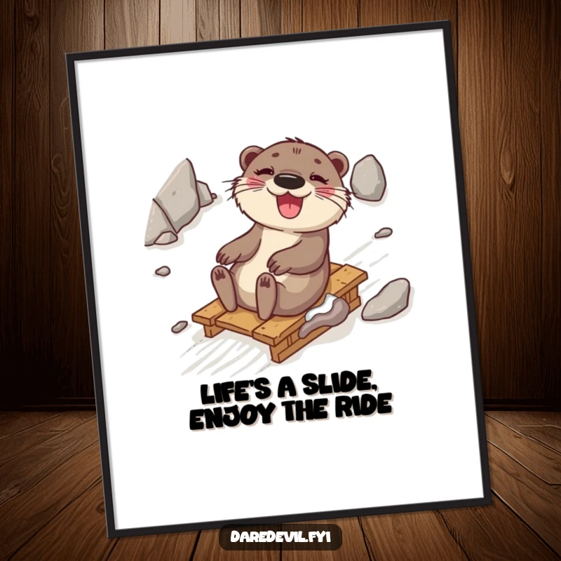 Funny Free Printable Wall Art: A giggling otter joyfully sliding down a rocky slope on a makeshift sled, pure amusement.