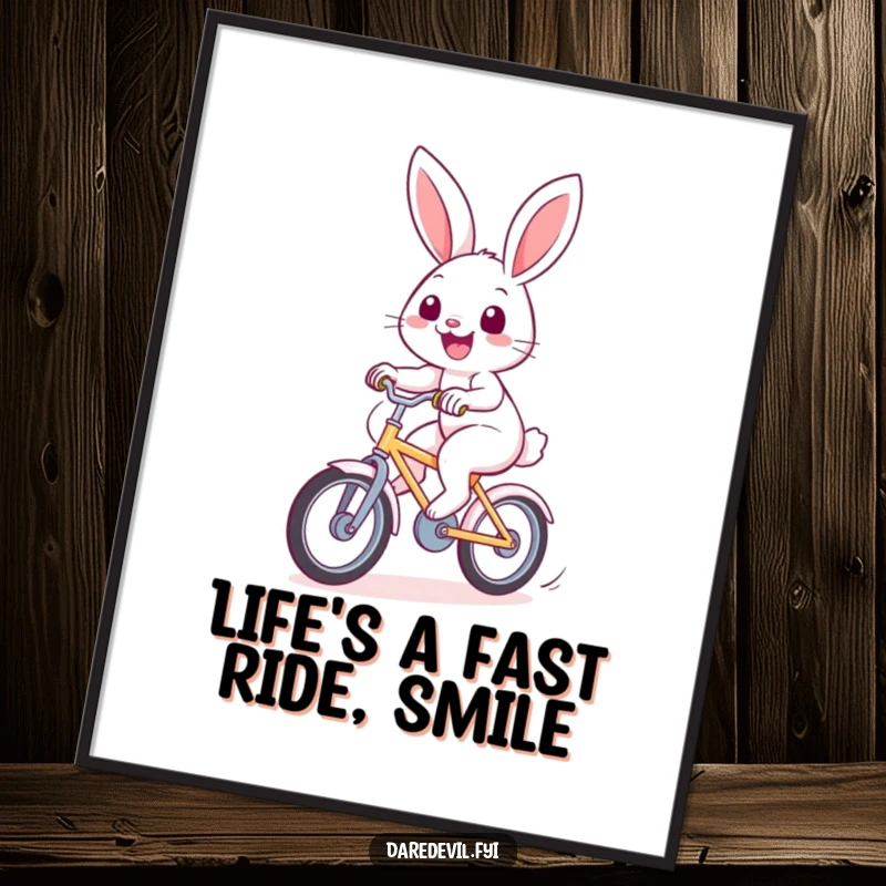 Funny Free Printable Wall Art: A happy rabbit rides a small bicycle with a wide, infectious smile, bringing cheerful energy.