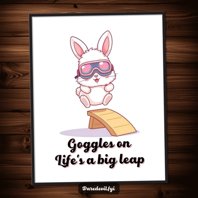 Funny Free Printable Wall Art: A fluffy bunny in oversized goggles performs an awesome leap from a tiny ramp.