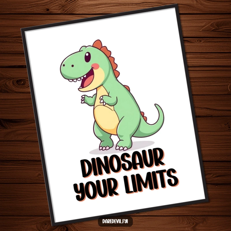 Funny free printable wall art of a joyful dinosaur enthusiastically attempting a backward somersault.