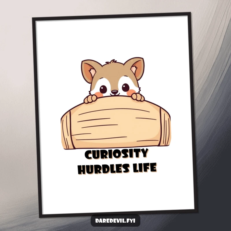 Funny free printable wall art: A curious animal character playfully peeks over a large, colorful obstacle with an inviting expression.