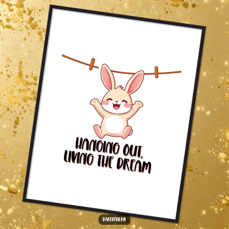 Funny Free Printable Wall Art: Cheerful rabbit swinging wildly from a clothesline with a whoop, downloadable art.