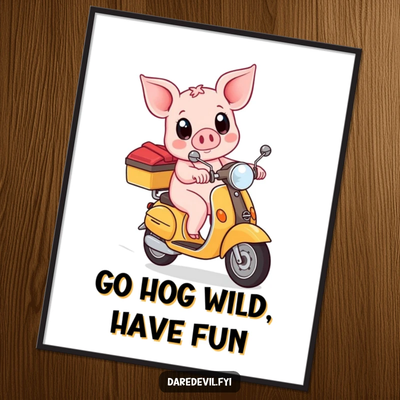 Funny free printable wall art: A brave piglet rides a scooter, eyes wide with exhilaration, creating a humorous and charming piece of downloadable art.