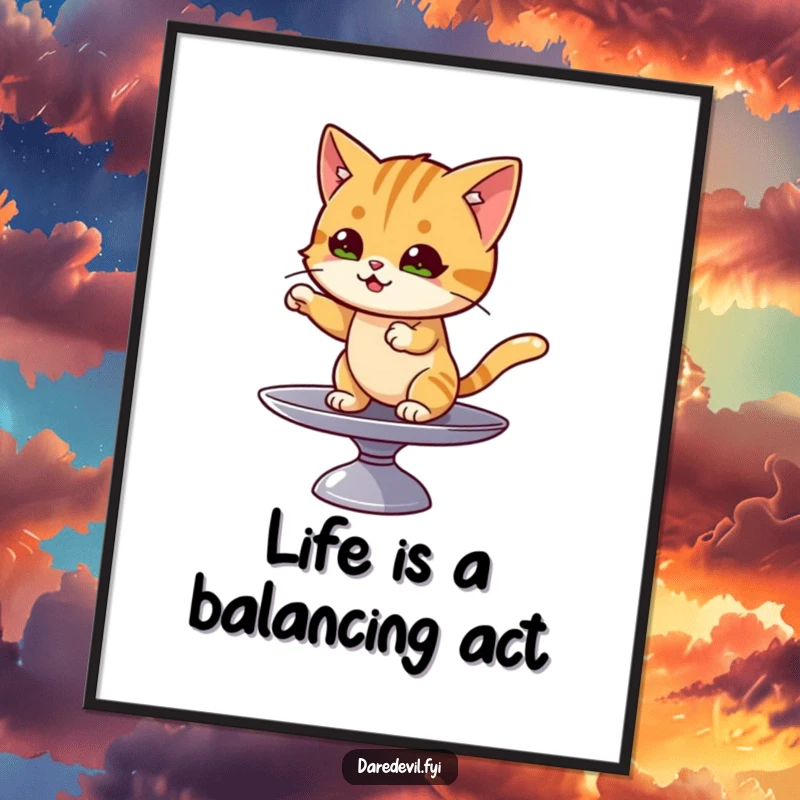 Funny Free Printable Wall Art: A mischievous cat skillfully balances on a spinning plate.