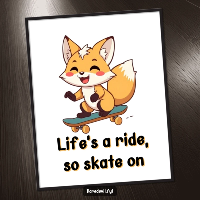 Funny Free Printable Wall Art: A playful fox with a wide, ecstatic grin confidently riding a skateboard, ready to shred.