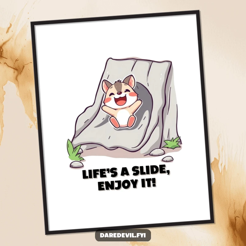 Funny Free Printable Wall Art, bold animal character gleefully sliding down a chute, vibrant and humorous DIY decor.