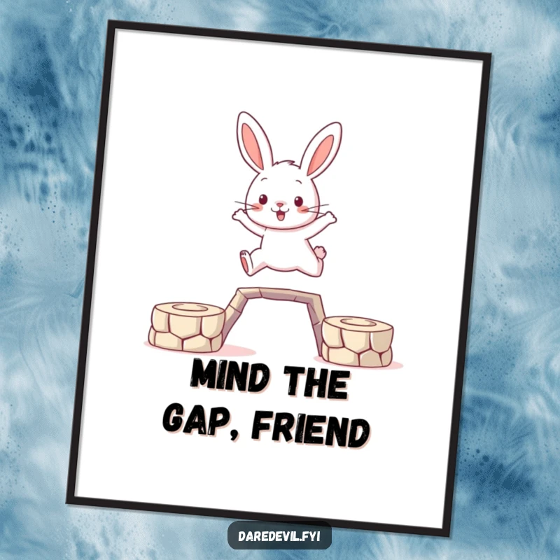 Funny Free Printable Wall Art: A brave rabbit character leaping across a gap, dynamic and humorous downloadable decor.