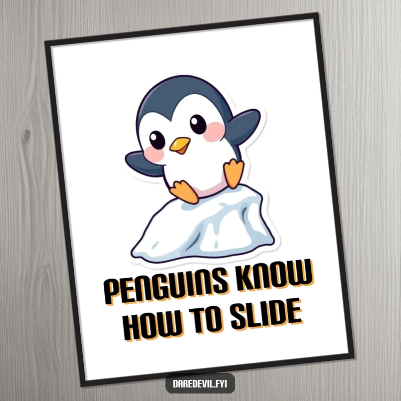Funny Free Printable Wall Art: A playful penguin boldly slides down a miniature icicle, adding a dynamic and fun element.