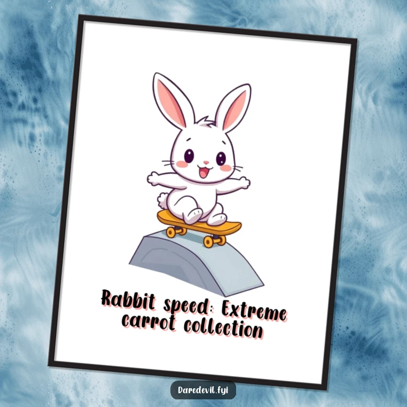 Funny Free Printable Wall Art: Happy rabbit bravely skateboarding down a ramp, capturing a moment of cool action.