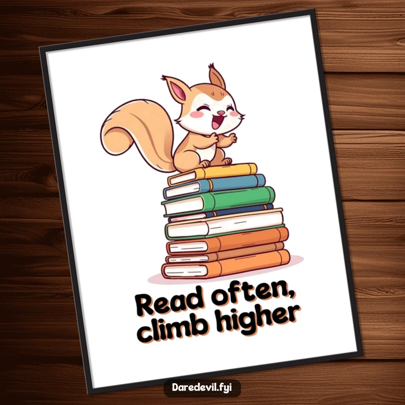 Funny Free Printable Wall Art: a giggling squirrel character dynamically climbing a tall stack of books, a playful piece of art.