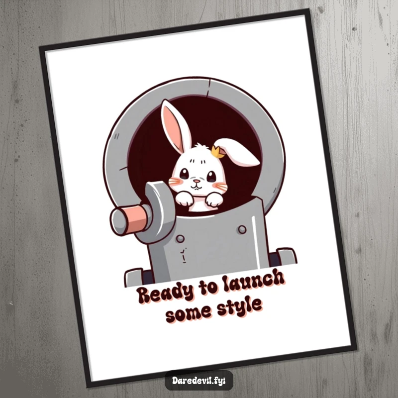 Funny Free Printable Wall Art: A curious rabbit peeks from a cannon, ready for an adventure.