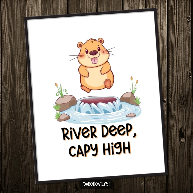 Funny free printable wall art of a happy capybara athletically jumping over a river with a big smile.