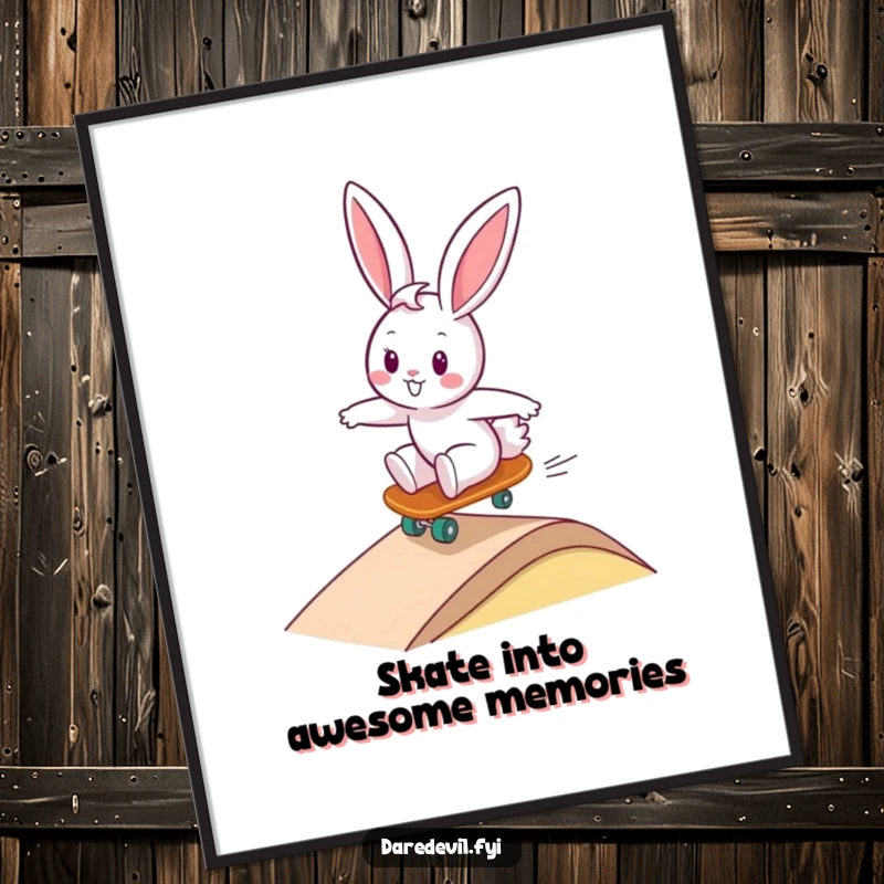 Funny Free Printable Wall Art: A cheerful bunny rides a tiny skateboard down a steep ramp with flair.
